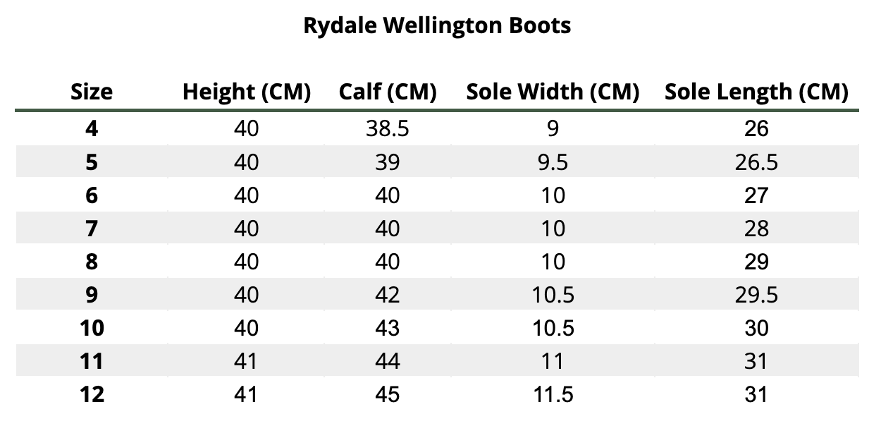 2025 Rydale Wellington Boots  Größentabelle